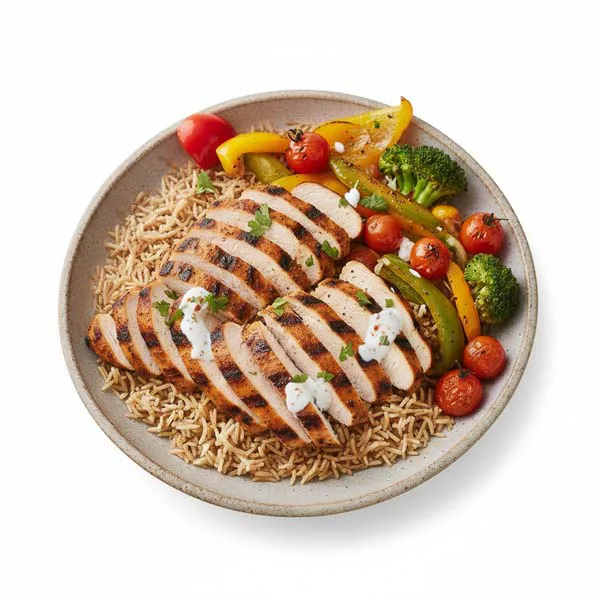 Smoky Masala Chicken with Brown Rice and Seasonal Veg